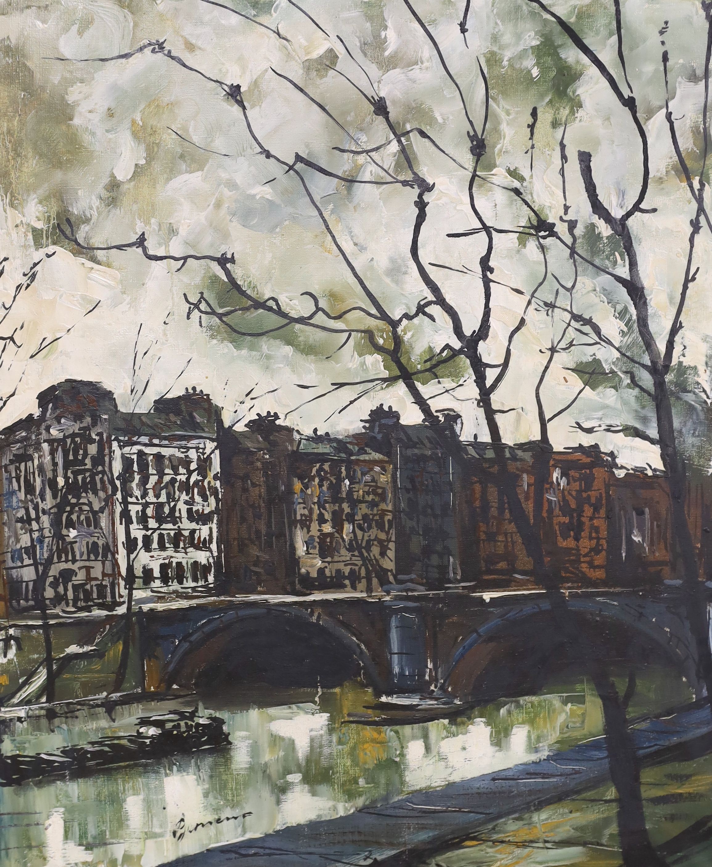 Continental School, oil on canvas, Houses alongside a canal, indistinctly signed, 60 x 50cm